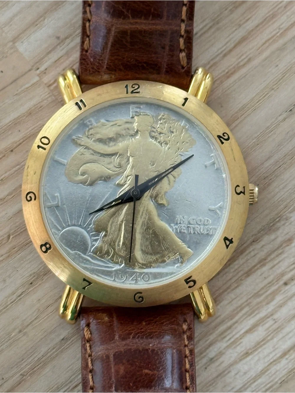 Brittania 1940 Walking Liberty Coin Watch Two-Tone Dial Gold Case Leather Strap